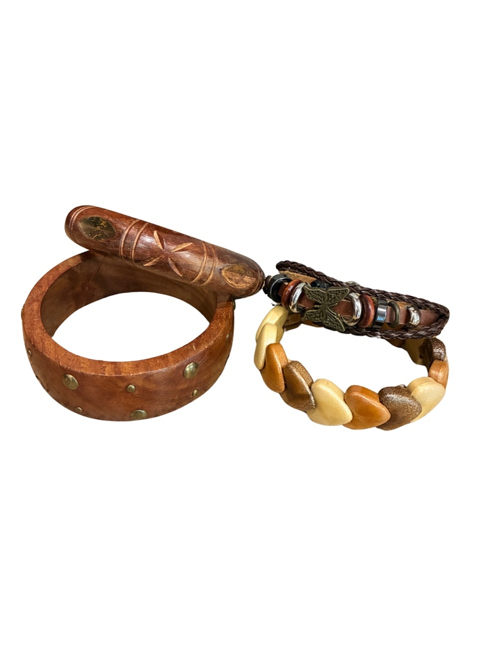 Boho Wood Bracelet Bundle 4pc Carved Wood Cuff Leather Butterfly Heart Beads